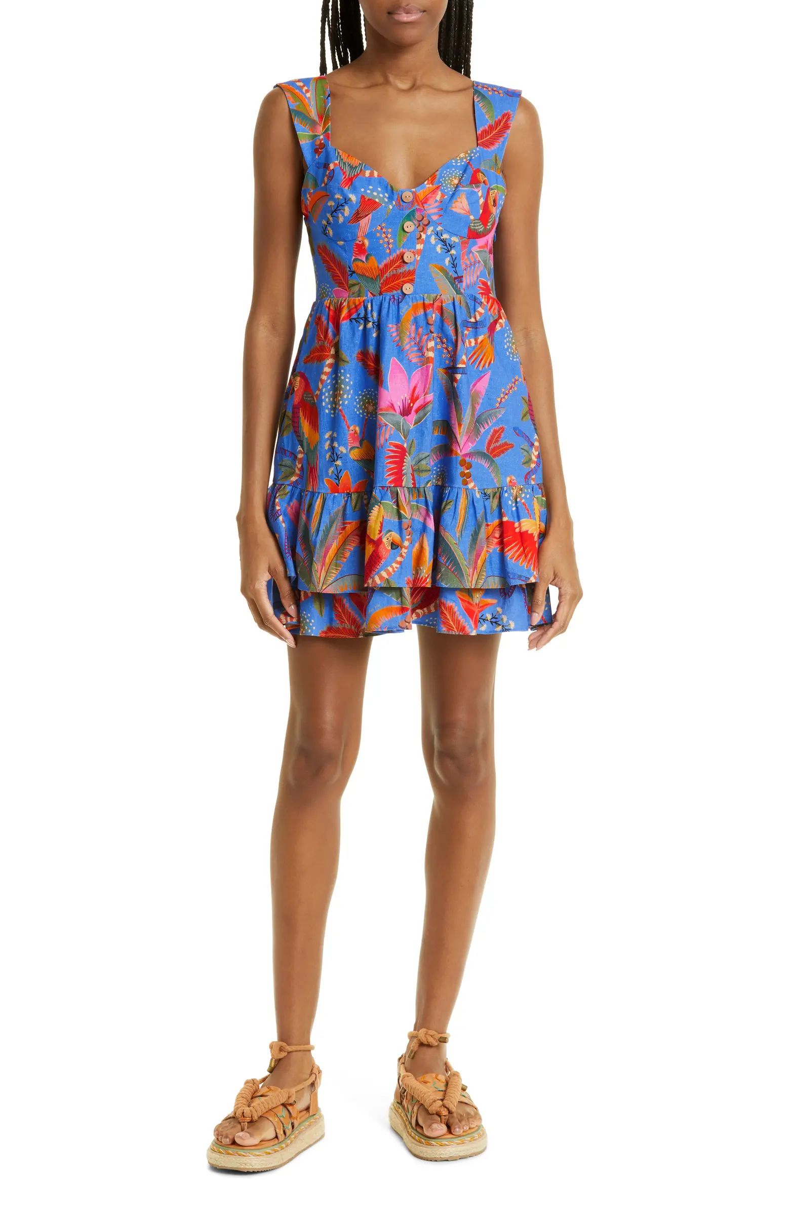 Macaw Party Tiered Linen Blend Fit & Flare Minidress | Nordstrom