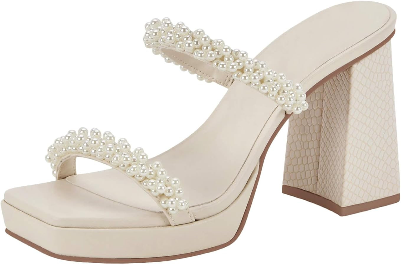 Coutgo Women's Platform Chunky High Heels Sandals Square Open Toe Strappy Pearl Slip On Slides | Amazon (US)