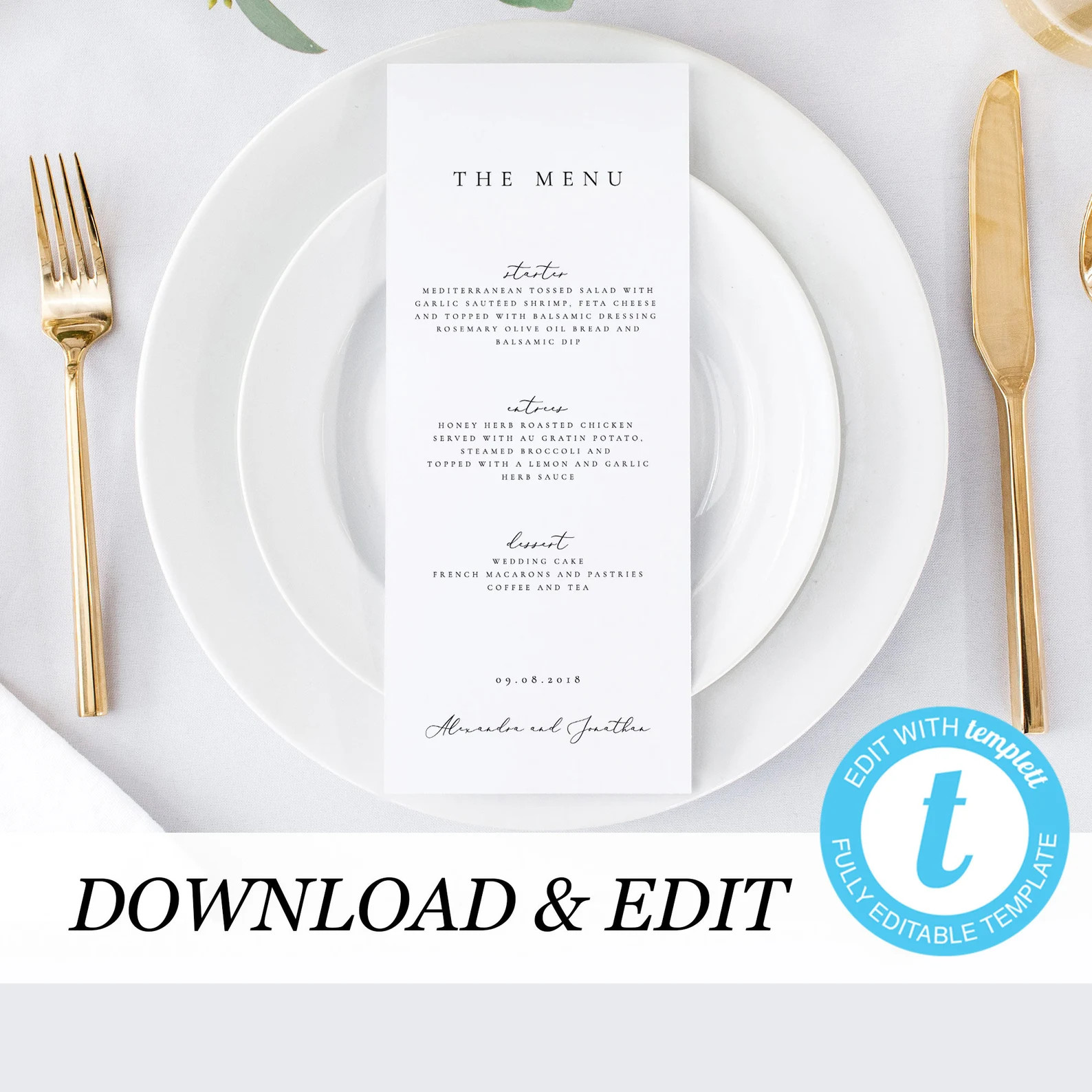 Printable Wedding Menu Template, Simple Wedding Menu, Elegant Menu Cards, Instant Download, Edita... | Etsy (US)