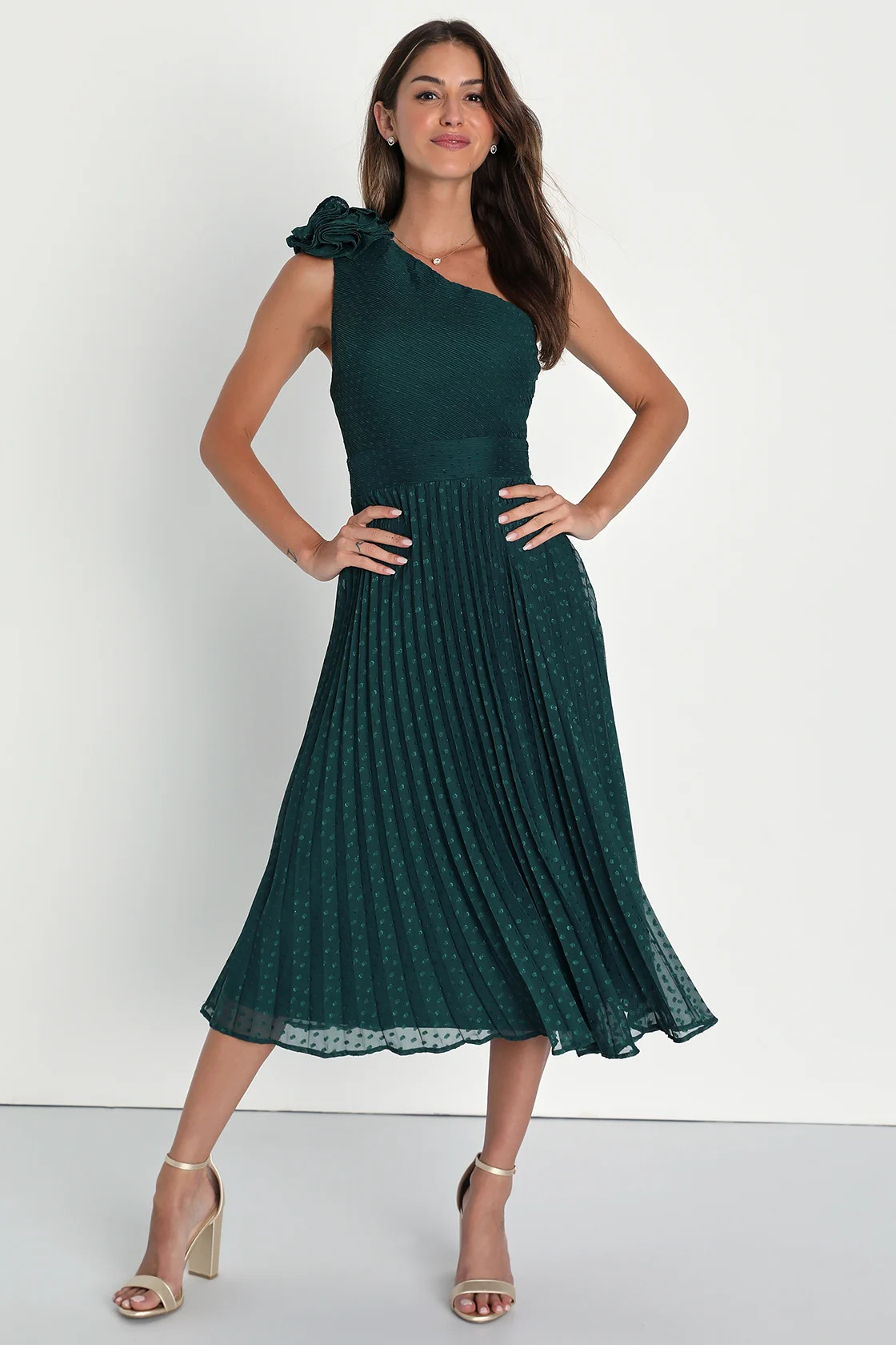 Special Charm Teal Pleated Swiss Dot One-Shoulder Midi Dress | Lulus (US)
