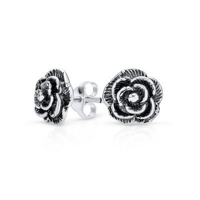Bling Jewelry Retro Vintage Floral Black Rose Stud Earrings Oxidized Sterling Silver 8MM | Target