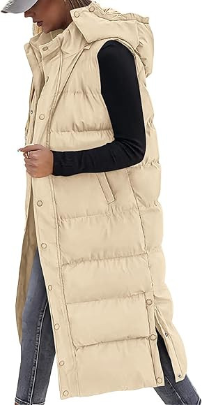 BTFBM Long Puffer Vest Women Quilted Hooded Button Down Zip Up Sleeveless Vests Outerwear Padded ... | Amazon (US)