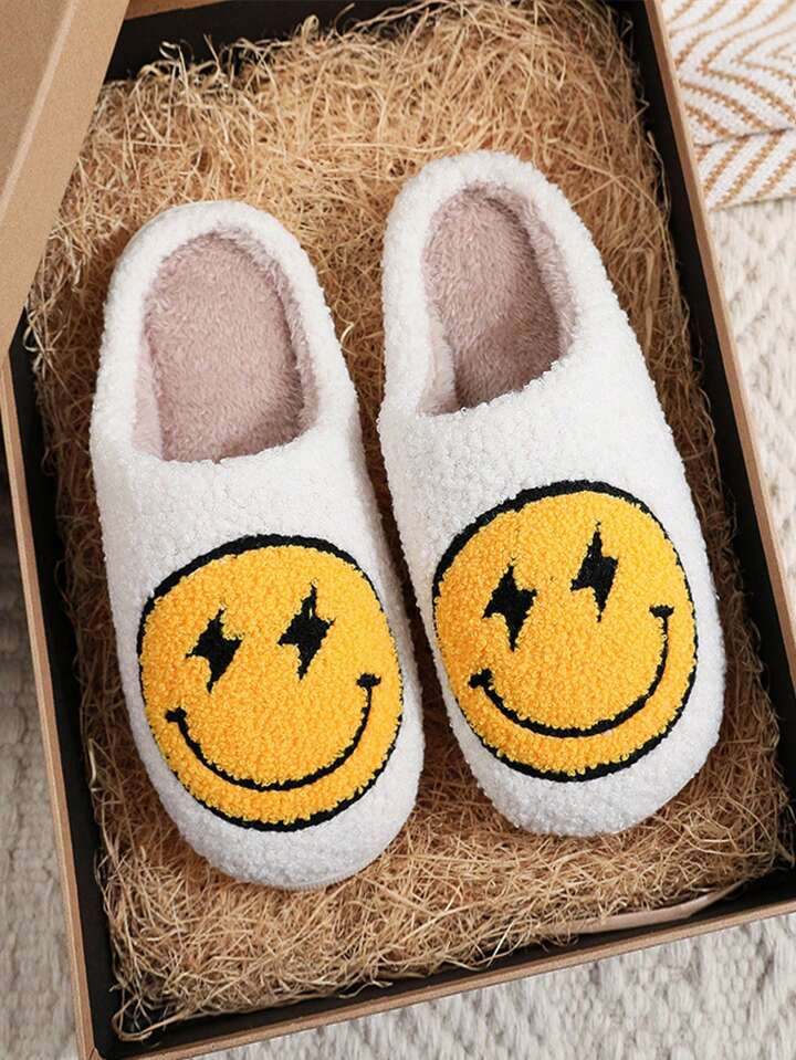 Women's Winter Cartoon Lightning Smile Face Indoor Slippers, Warm Plush Non-slip Thick Bottom | SHEIN