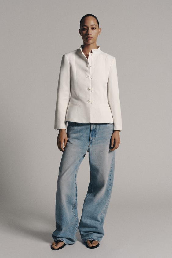 Zara - Zw Collection Peplum Blazer With Frog Fastening - Oyster-White - M - Woman | Zara US