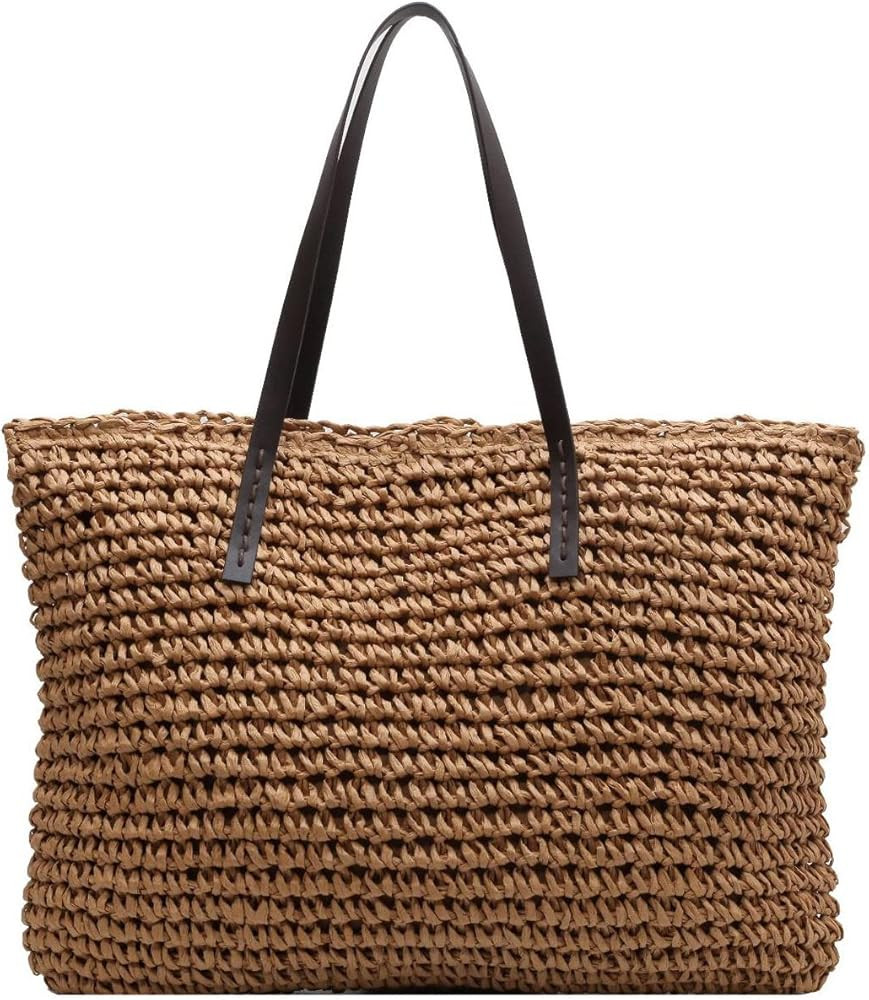 Large Straw Beach Bag for Womens, Straw Handbag Woven Tote Bag With Zipper Summer Straw Shoulder ... | Amazon (US)