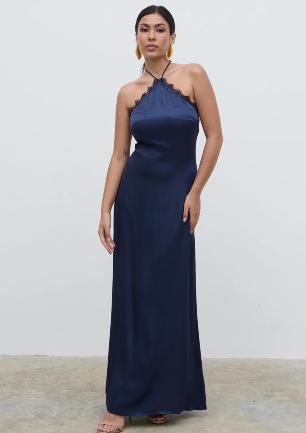 Everly Lace Trim Halter Maxi Dress - Navy | Pretty Lavish (UK)