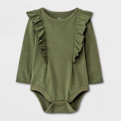 Baby Girls' Ruffle Long Sleeve Bodysuit - Cat & Jack™ Olive Green | Target