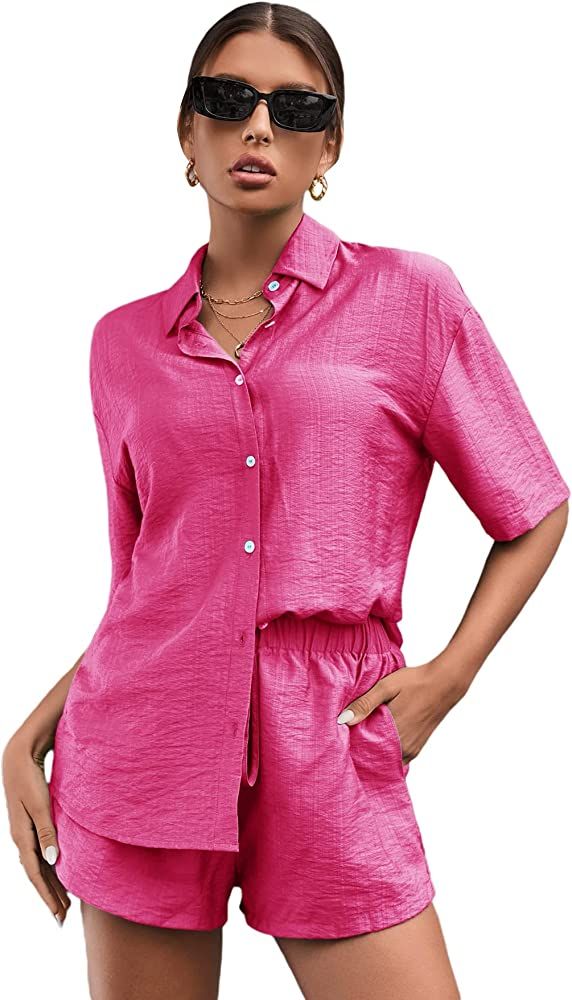 MakeMeChic Women's Casual 2 Piece Outfits Short Sleeve Button Down Blouse and Short Set | Amazon (US)