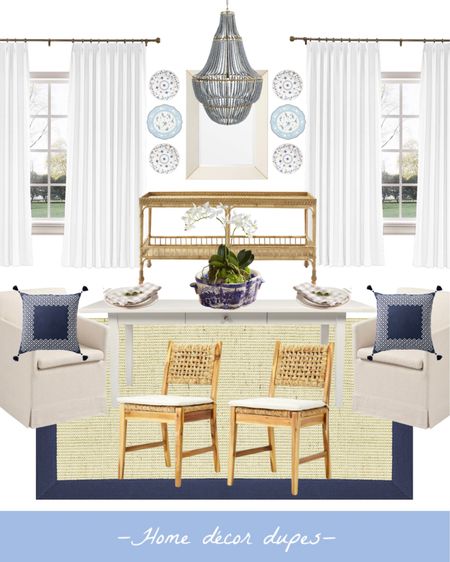 New Dupe room - dining room edition!! As with every dupe room, everything is either a dupe, on sale, or just generally affordable!

This Chandelier is a DUPE for the famous Regina Andrew’s dupe and is under $700 🙌🏻

And the Serena & Lily console, mirror and pillows are all 20% off with code: HOMELOVE but hurry!! Sale ends soon on 10/18!!

We have these upholstered Restoration Hardware dining chairs DUPES that are super comfortable and affordable!!

This dining table is a DUPE for the Serena & Lily beach house dining table 🙌🏻

And this Ballard designs navy border sisal rug is currently on sale too! Everything linked 🤍

#LTKunder100 #LTKhome #LTKsalealert