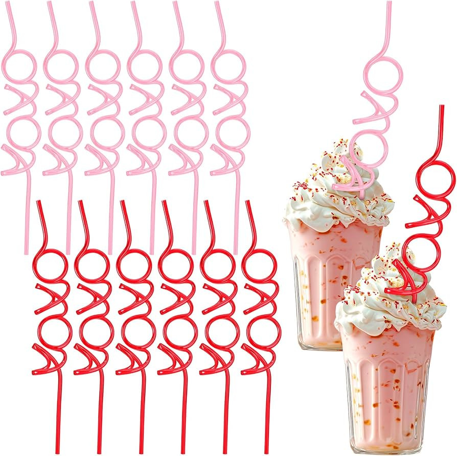 Tioncy 12 Pcs Valentine's Day Reusable Straws Plastic Crazy XOXO Straws Pink Red Loop Drinking St... | Amazon (US)