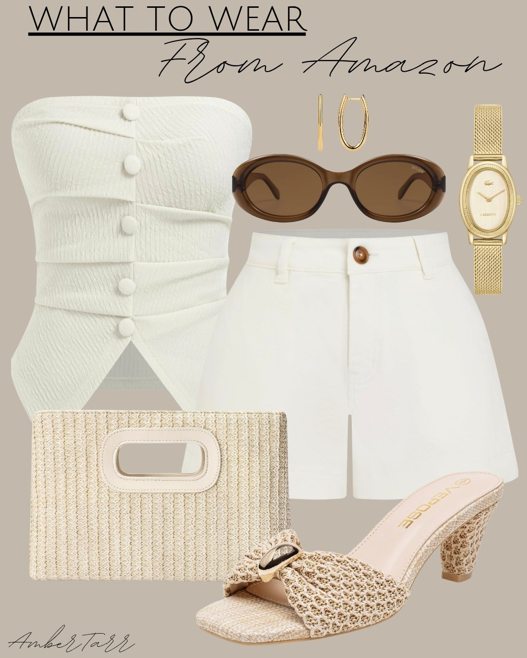 This white ruched button strapless top paired with white shorts, a woven raffia clutch, woven heeled mules, retro oval sunglasses, gold oval hoop earrings, and a dainty gold watch is such a cute and casual summer outfit that feels effortlessly put together. Perfect for a beach day, brunch, or any warm weather occasion where you want to look chic without trying too hard.

#LTKdayinmylife #LTKootd #LTKOver40