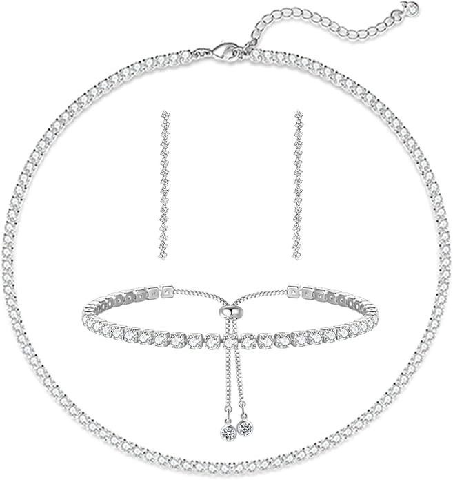 HAXIYA Tennis Necklace Bracelet for Women, Sterling Sliver Jewelry Set, Silver/Gold Chocker Neckl... | Amazon (US)