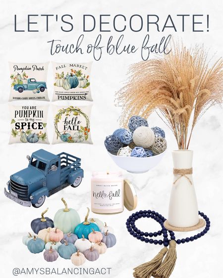 A touch of blue fall decor

Featuring fall pillow cases | blue fall pick up truck decor | blue and white pastel pumpkins | dried natural pampas grass reeds | hello fall gift candle