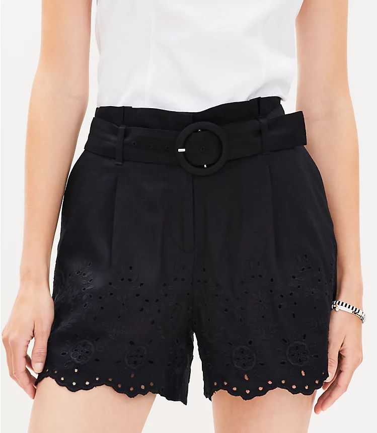 Belted Pleated Shorts in Eyelet Linen Blend | LOFT