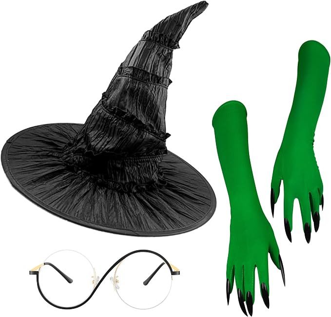 Witch Costume Women, Black Pointed Witch Hat, Emerald Claw Gloves & Round Vintage Glasses – 4Pc... | Amazon (US)