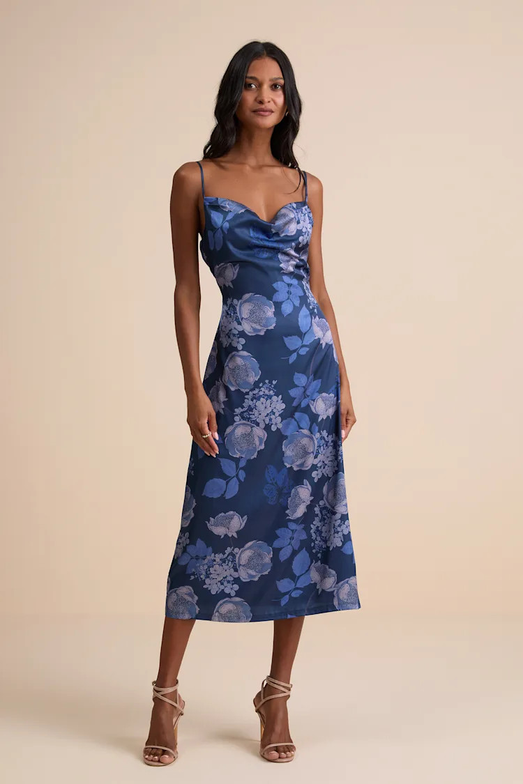 Favorite Icon Dark Blue Floral Satin Cowl Neck Slip Midi Dress | Lulus
