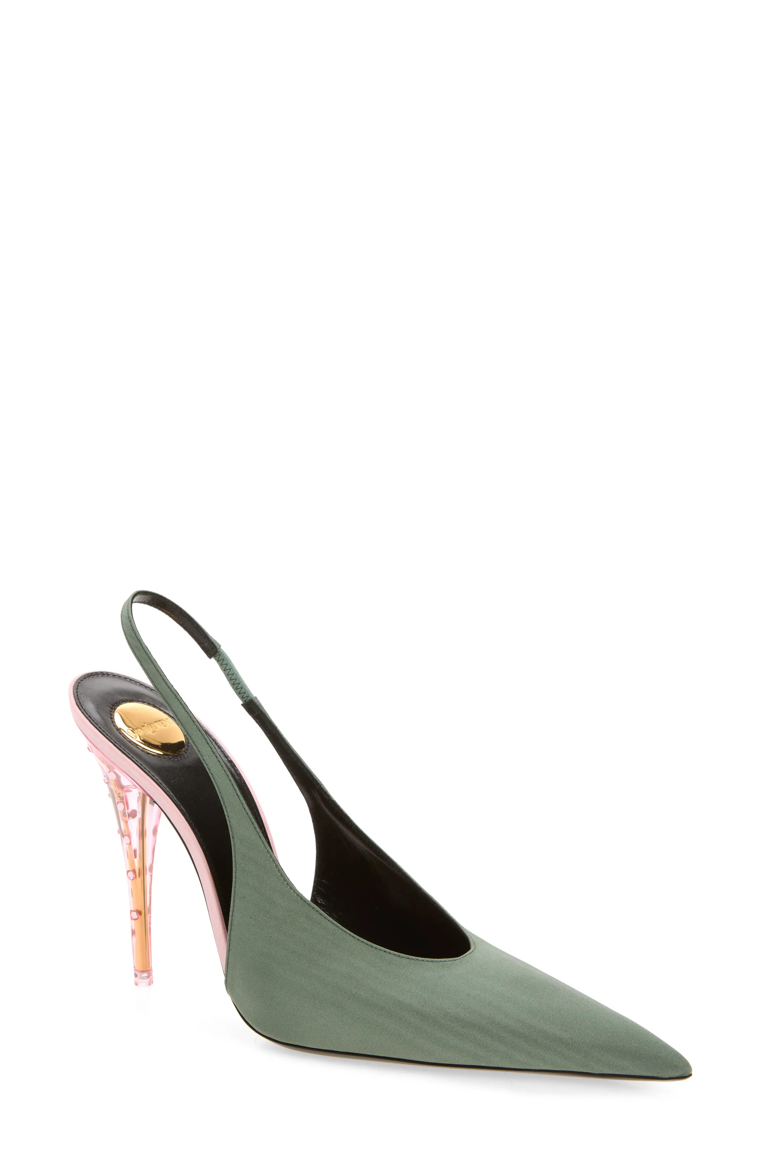 Saint Laurent Allure Strass Clear Heel Pointed Toe Slingback Pump in Flannel at Nordstrom, Size 36.5 | Nordstrom
