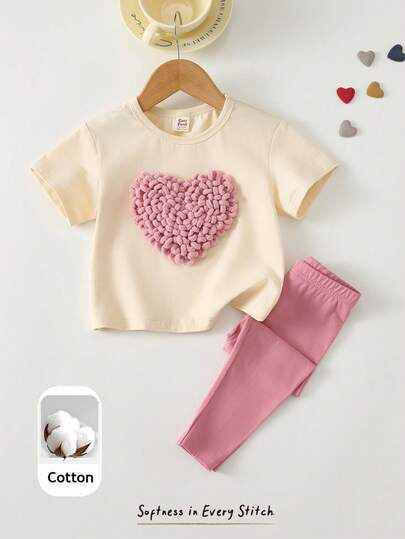 Cozy Pixies 2pcs Baby/Toddler Girl Heart Graphic T-Shirt And Pants Set, Embroidered Heart Pattern... | SHEIN