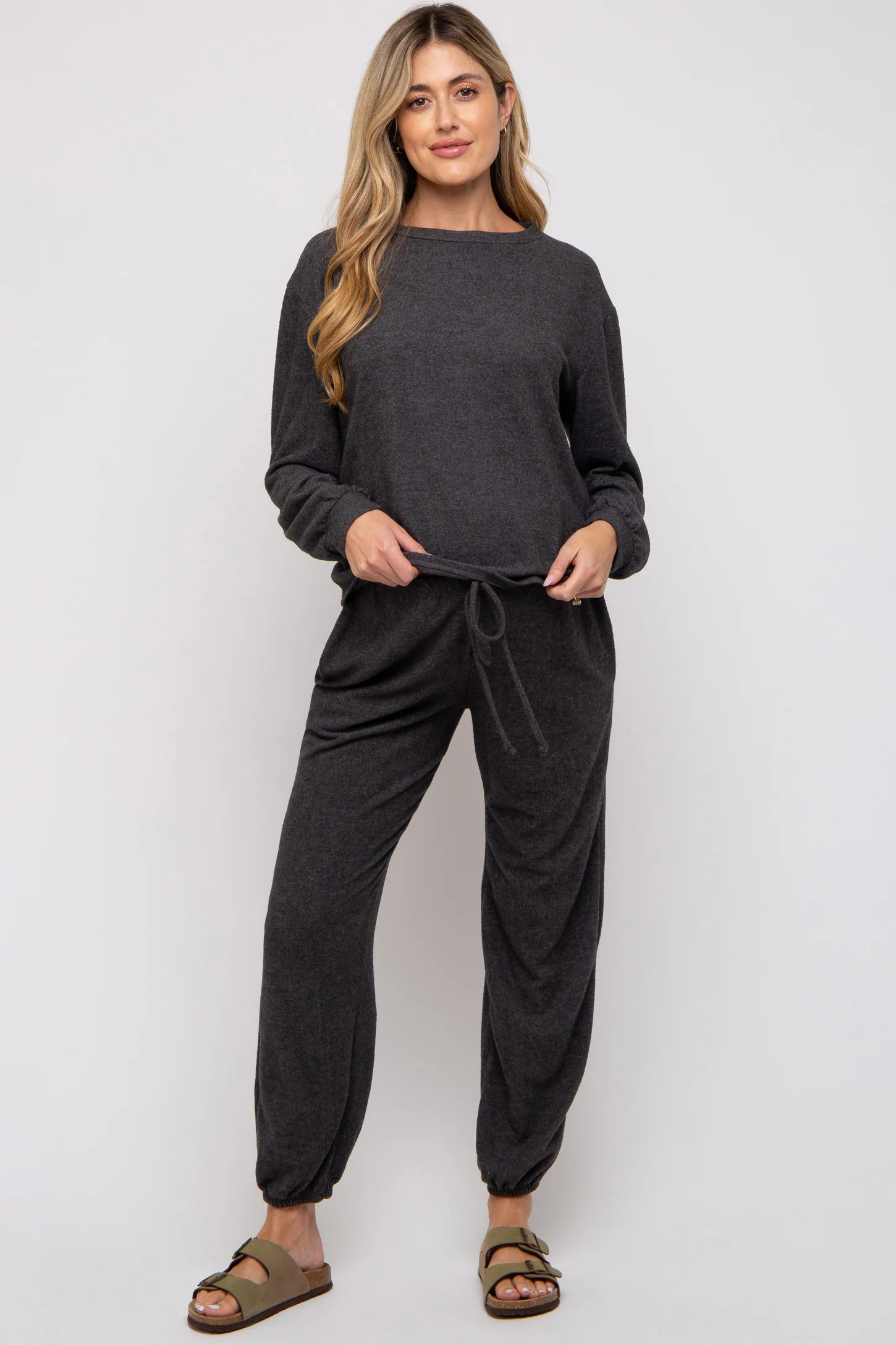 Charcoal Soft Knit Brushed Long Sleeve Maternity Lounge Set | PinkBlush Maternity