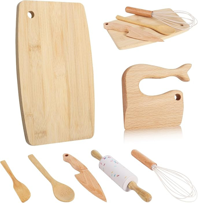 7 Pieces Wooden Kids Knife Toddler Knife Set Toddler Cutting Board And Knife Set for Real Cooking... | Amazon (US)