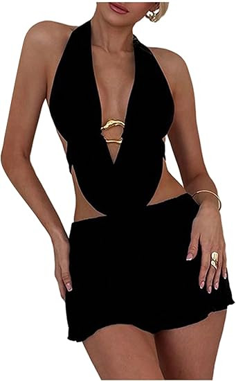 Verdusa Women's Sexy Two Piece Outfits Going Out Halter Tops and Mini Skirt 2 Piece Sets Holiday ... | Amazon (US)
