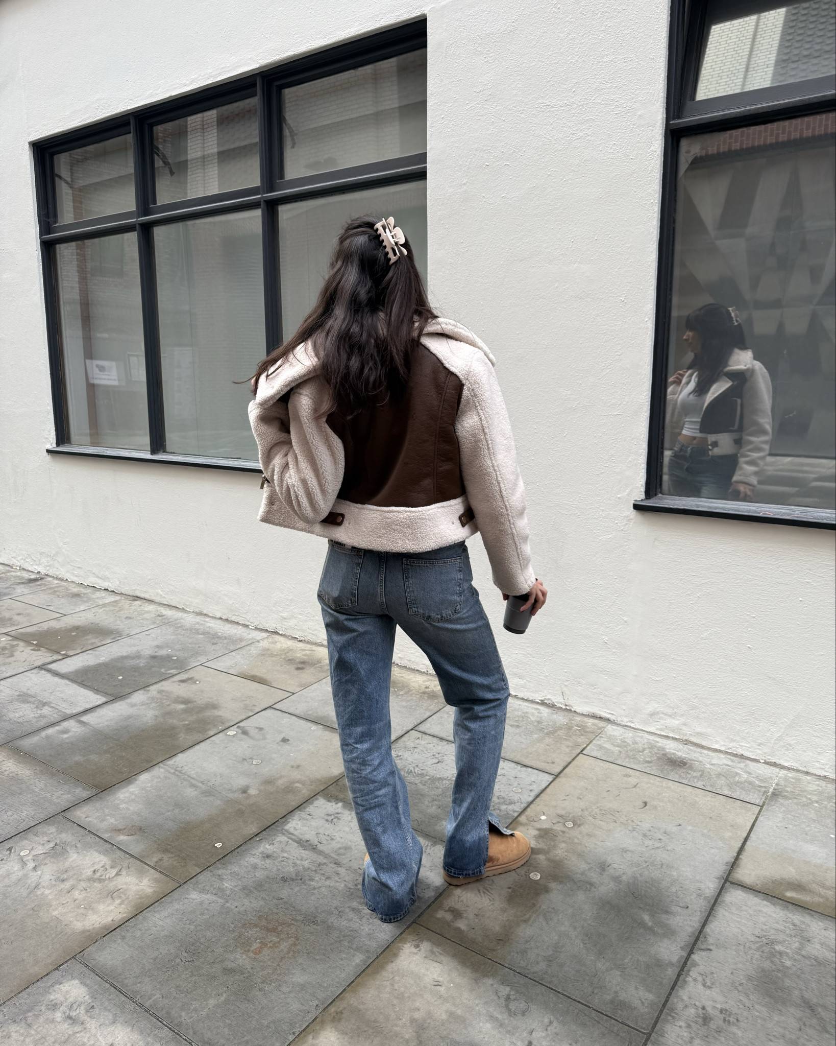 Brown leather jacket outfit with wide leg jeans & uggs 🤎🍂 

#LTKuk #LTKeurope #LTKautumn