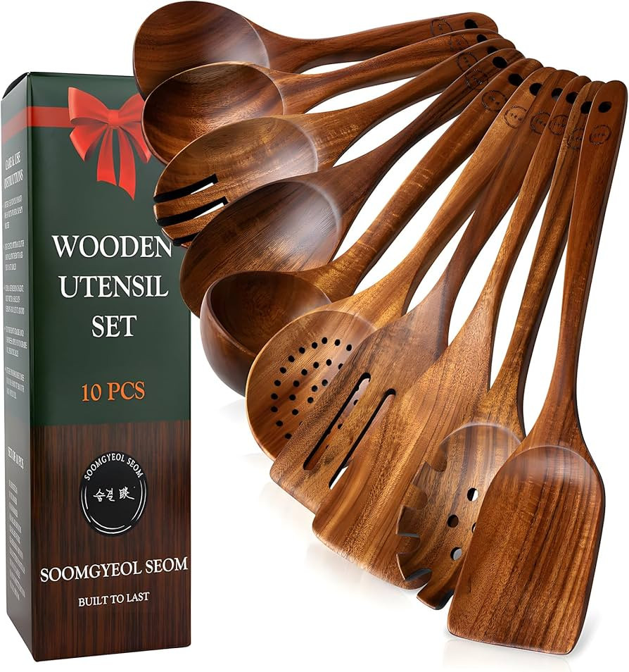 10-Piece Natural Teak Wood Utensil Set - Nonstick Cooking Spoons & Spatulas, Heat Resistant Kitch... | Amazon (US)