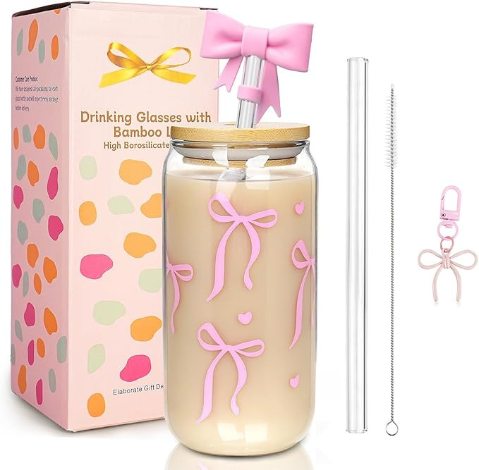 Mason Life Coquette Pink Glass Cups 18OZ Cute Bow Tumbler Glass Cup with Keychain and Straw Cover... | Amazon (US)