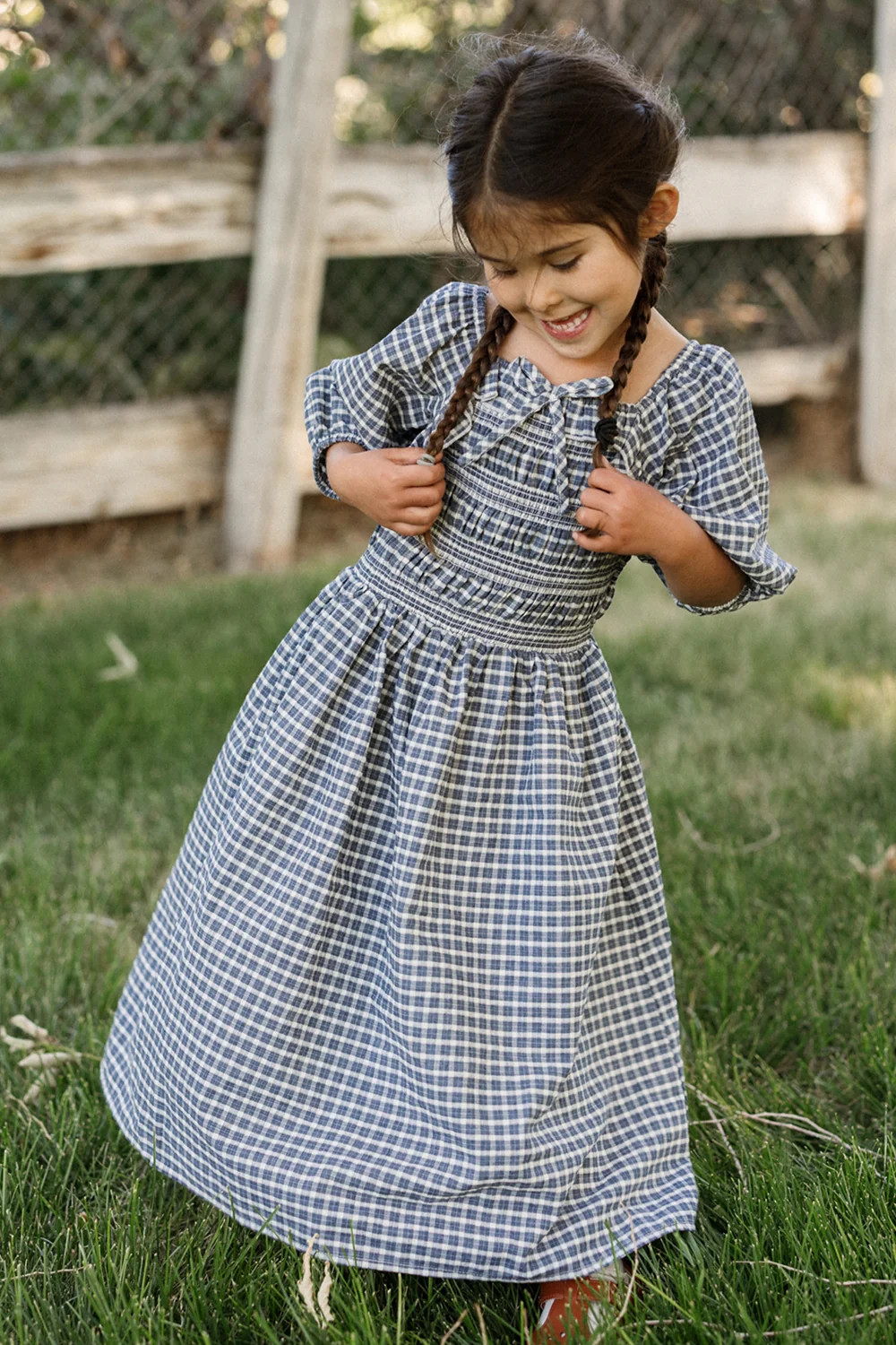 Mini Mae 3/4 Sleeve Dress in Prussian Blue Plaid | Ivy City Co