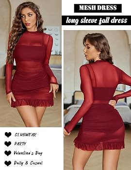 Avidlove Long Sleeve Dress for Women Bodycon Fall Sheer Mesh Dresses Mock Neck Ruched Party Clubw... | Amazon (US)