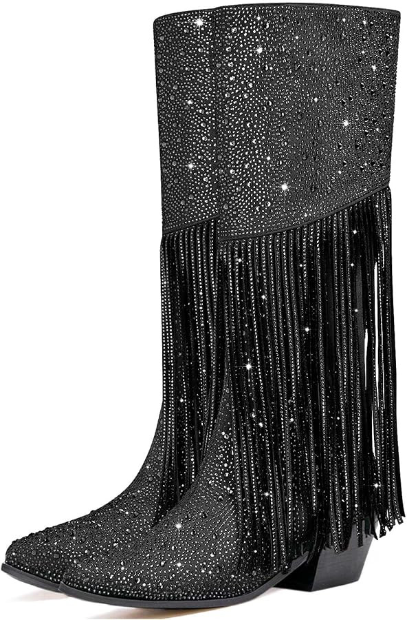 GOSERCE Women's Rhinestone Knee High Cowboy Boots Over the Knee Cowgirl Tall boots Pointed Toe Lo... | Amazon (US)
