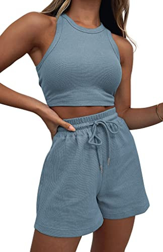 KDF Two Piece Lounge Sets for Women, Sleeveless Two Piece Outfits for Women Sweatsuits Blue | Amazon (US)