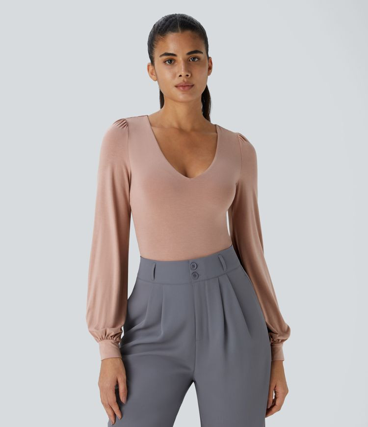 Women’s V Neck Long Sleeve Button Work Bodysuit - Halara | HALARA