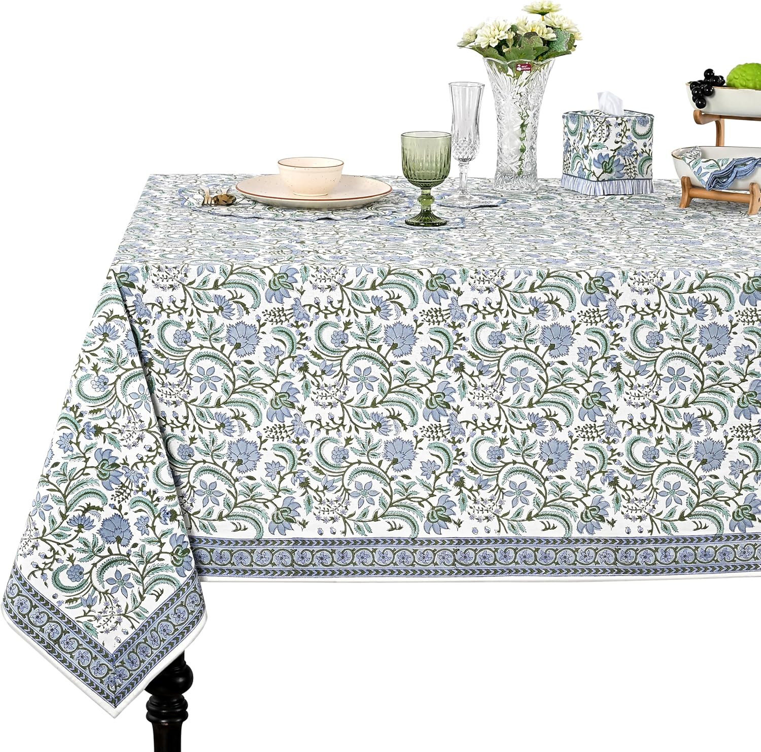 Ridhi Columbia Blue Hand Block Print Rectangle Tablecloth 118x70 Inch | Amazon (US)