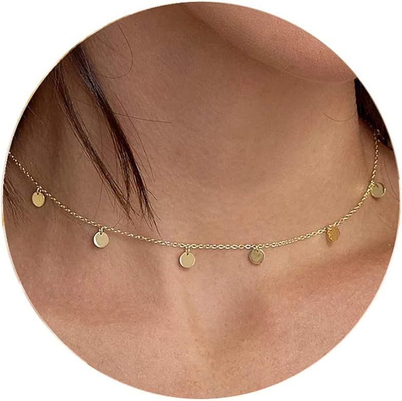 itianxi Dainty Beaded Choker Necklaces,14K Gold/Silver Plated Cute Tiny Delicate Coin/Satellite Chai | Amazon (US)