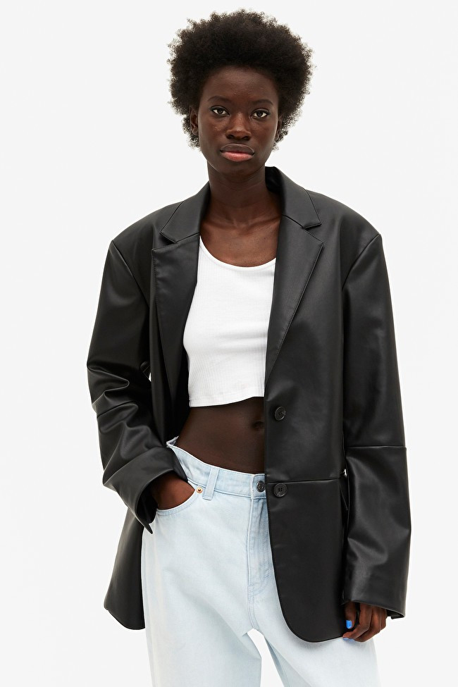 Black faux leather blazer | Monki