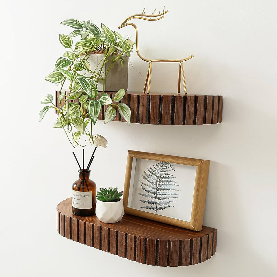 GRID FORTE Wood Rounded Fluted Floating Shelf Set of 2, 16Wx5.5D Inch\u2013 Modern Display Shelf ... | Amazon (US)
