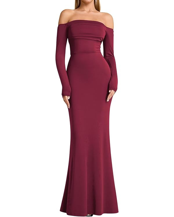 KUTUMAI Off Shoulder Tie Formal Wedding Guest Dresses for Women Fall Long Sleeve Bodycon Lace Up ... | Amazon (US)