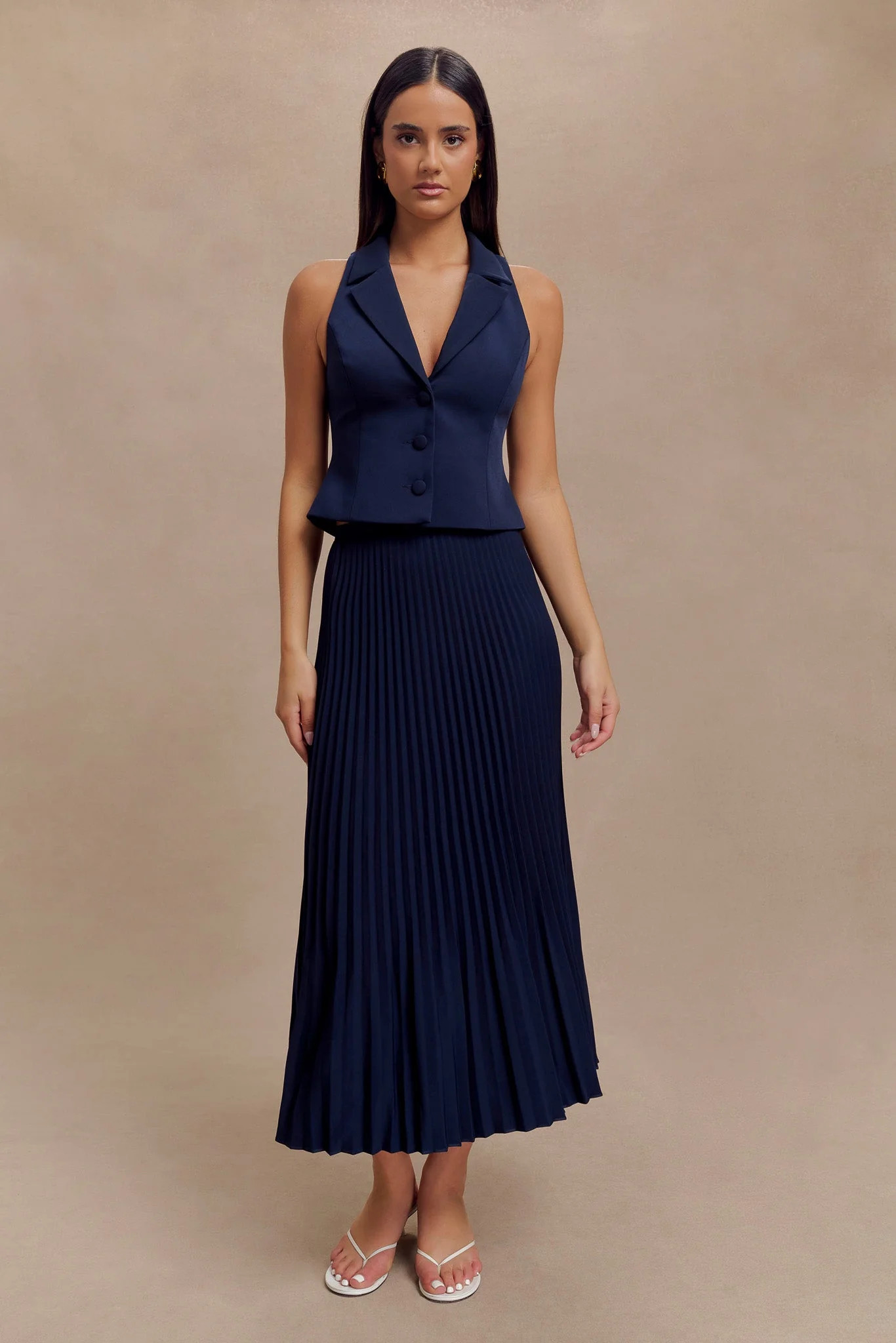 Twyla Pleated Suiting Maxi Skirt - Navy | MESHKI US