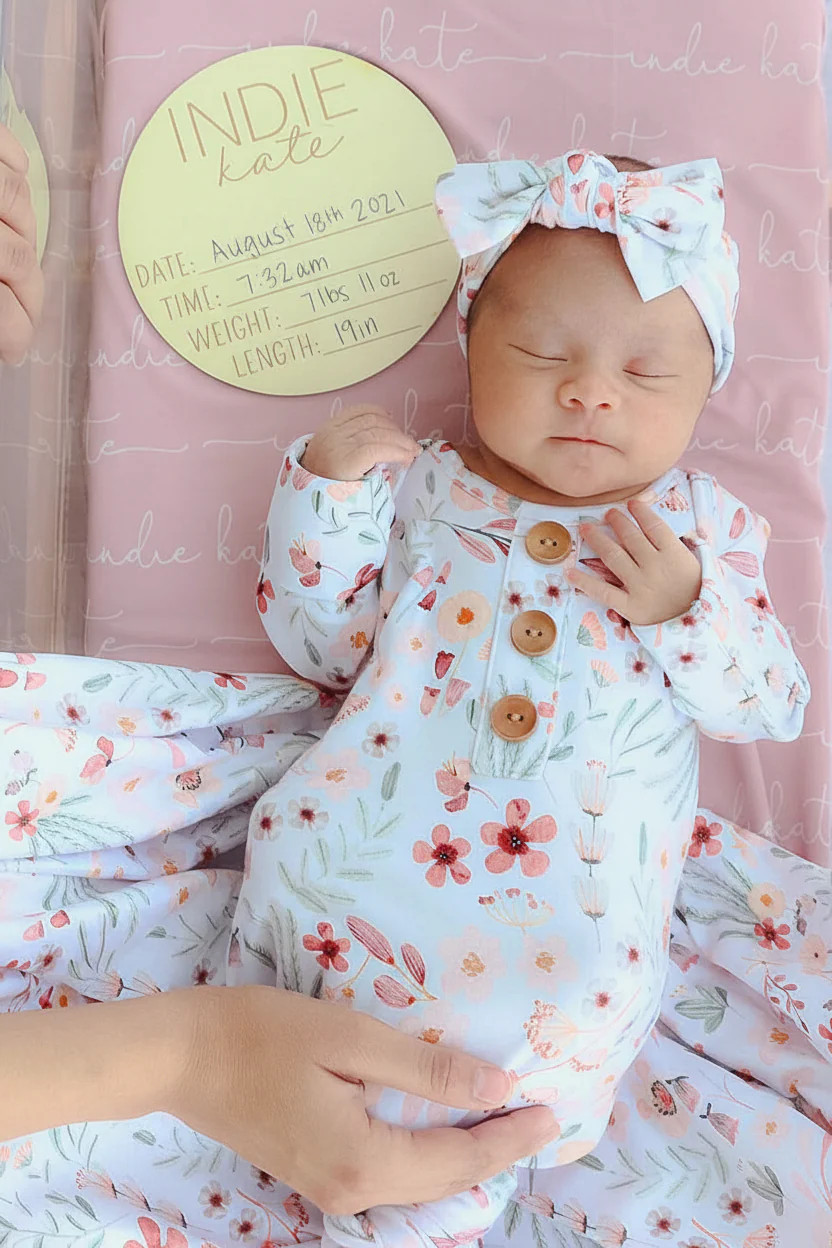 Wren's Wildflower Newborn Baby Knot Gown & Hat | Caden Lane