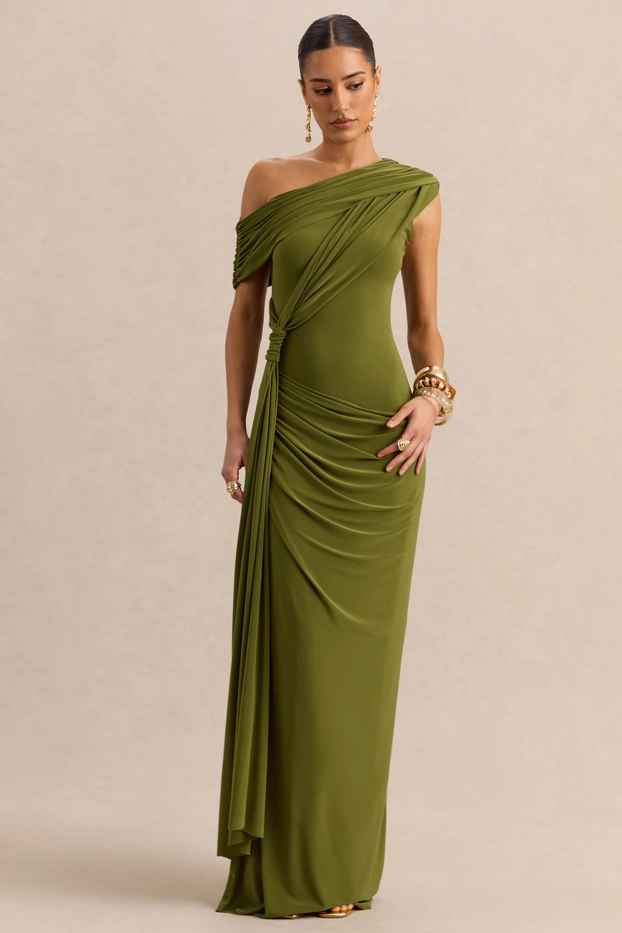 Avialee | Green Asymmetric-Neck Maxi Dress With Gathered-Detailing And Sash | Club L London