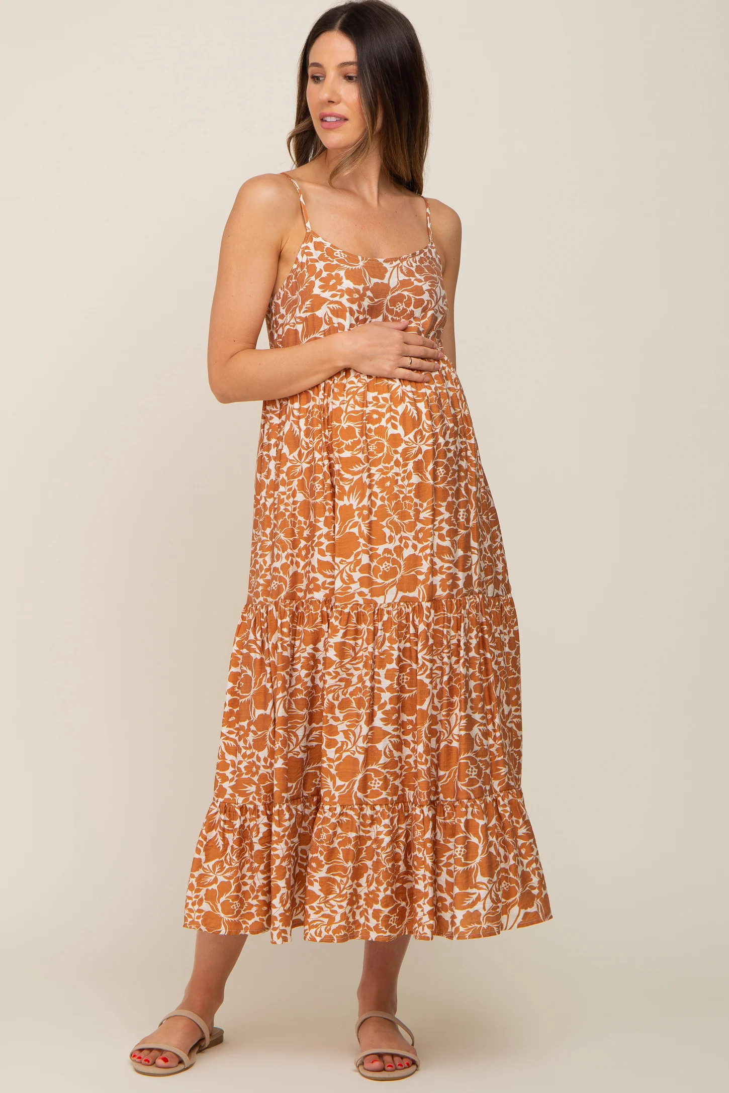 Rust Floral Tiered Maternity Midi Dress | PinkBlush Maternity