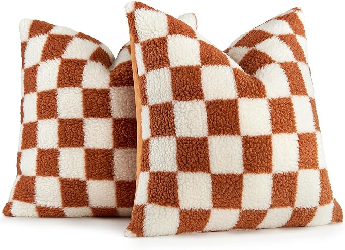 2 Pack Checkerboard Throw Pillow Covers 18x18 Inch Burnt Orange | Amazon (US)