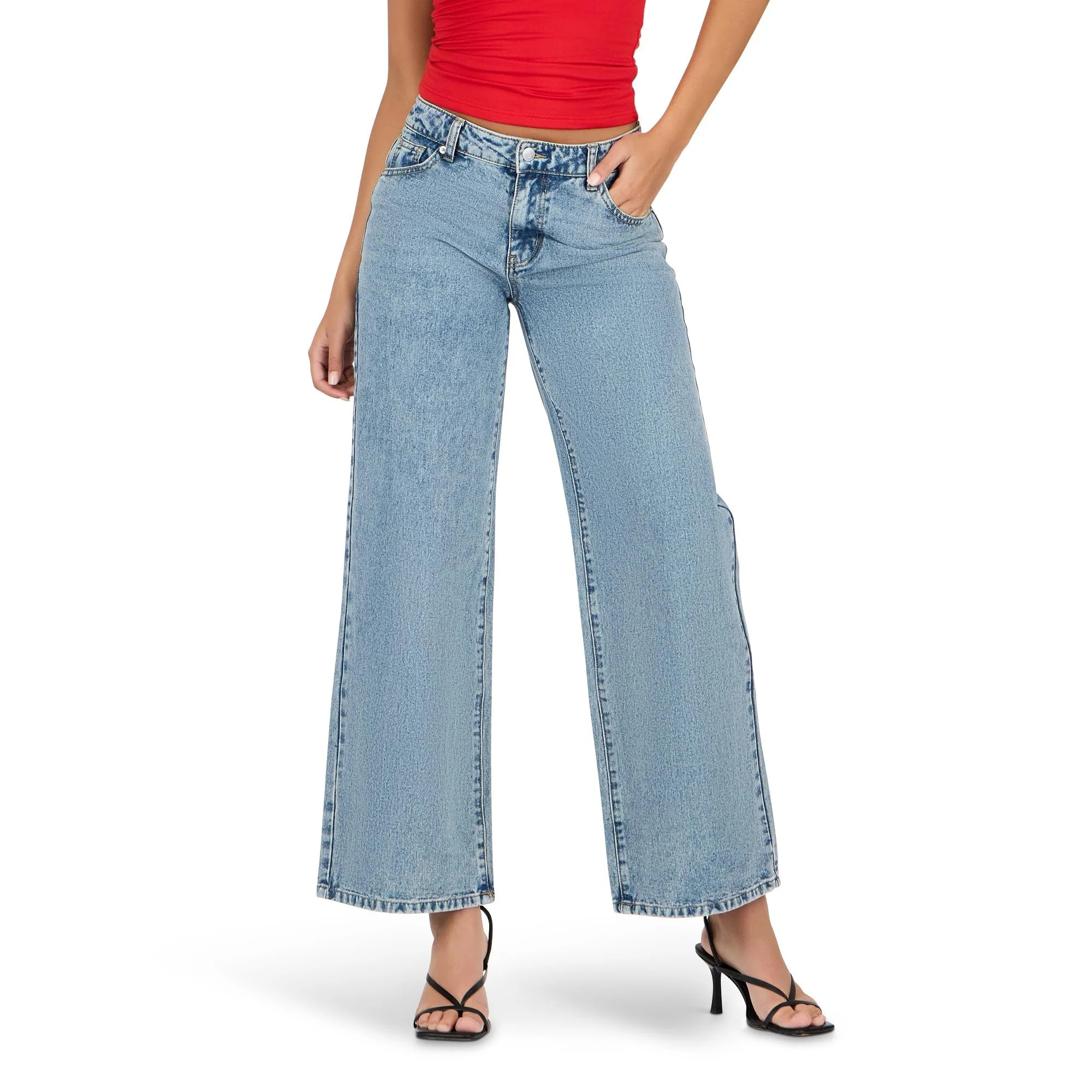 Forever 21 Women’s Rhinestone Heart Embellished Wide Leg Jeans, Color- Blue, Size- 2 | Walmart (US)