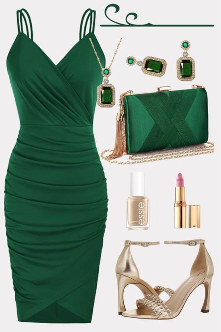 Green cocktail dress and accessories for a semi-formal wedding. 

#weddingguestdress #springwedding #semiformaldress #goldheels #amazondress 

#LTKwedding #LTKSeasonal #LTKstyletip