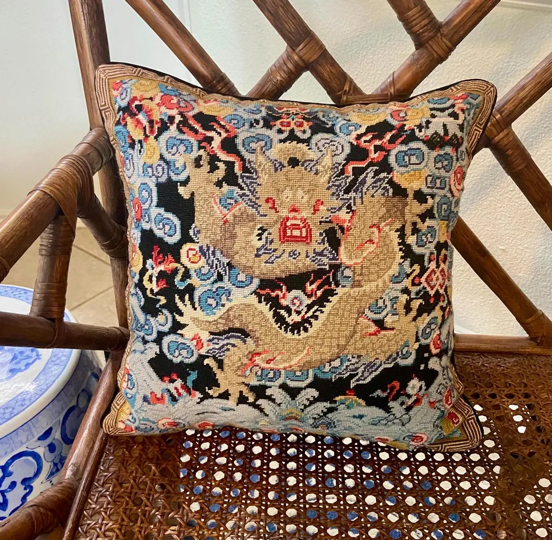 Dragon Needlepoint / Petite Point and Velvet Throw Pillow - Etsy | Etsy (US)