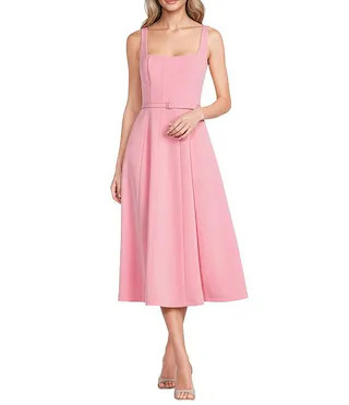 Belle by Badgley Mischka Brooke Moire Square Neck Belted Midi Dress | Dillard's