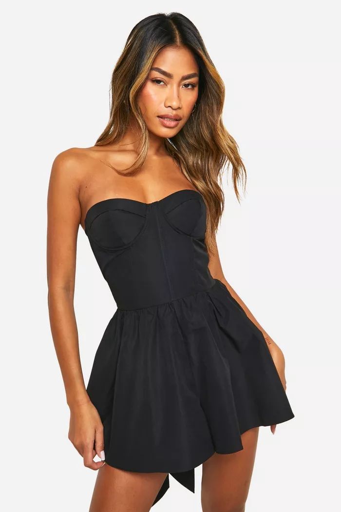 Bow Detail Underwired Boned Puff Skort Romper | boohoo (US & Canada)