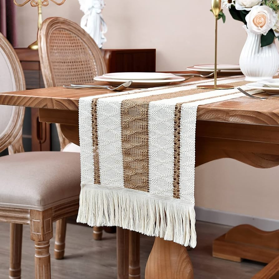Home Macrame Table Runner Farmhouse Style - Burlap Cotton Rustic Cream Beige Boho Splicing Table ... | Amazon (US)