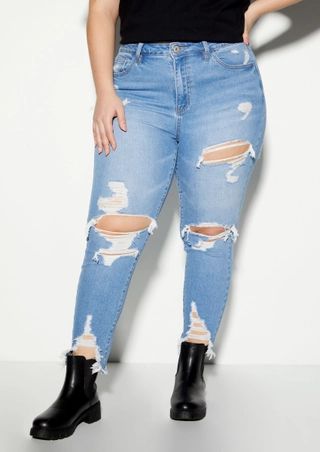 Plus Medium Wash High Rise Ripped Mom Jeans | rue21